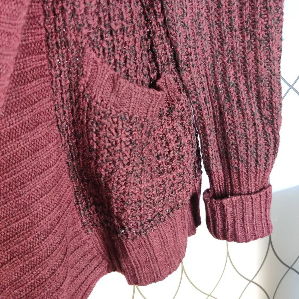 RD Style S Open Front Marled Burgundy Knit Cardigan Pockets Cozy Fall Layering - Picture 3 of 6